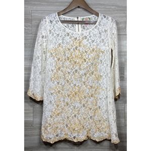 Flying Tomato Womens Lace Dress w/ Golden Embroidery Long Flair Sleeve Sz L VGUC
